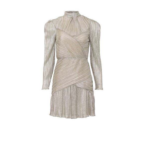 Saylor Saydee Silver Metallic Plisse Jacquard Mock Neck Party Mini Dress Size XS - Picture 4 of 16